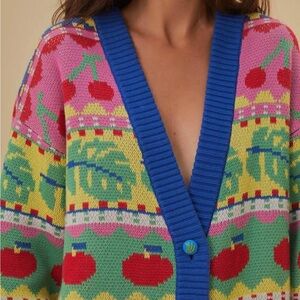 Farm Rio Sweet Orchad Knit Cardigan Sweater Banana Buttons Cherry Apples S NEW